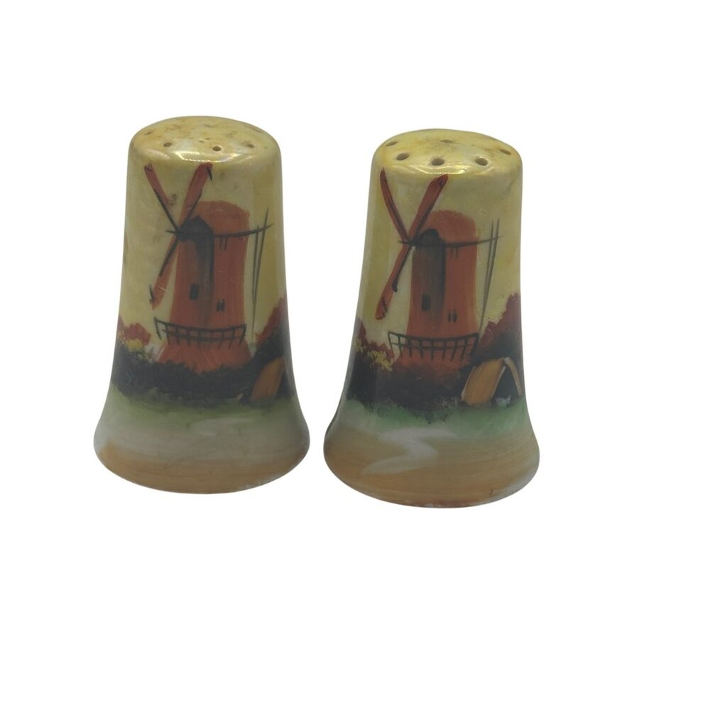 Vintage Hand-Painted Windmill Scene Ceramic Salt & Pepper Shakers